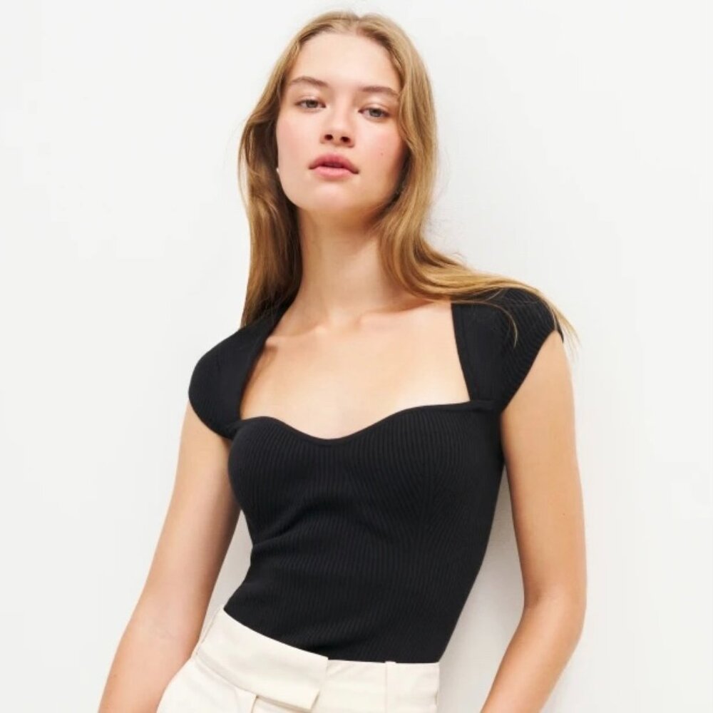 REFORMATION NADINE RIBBED KNIT FITTED SWEATER TOP SWEETHEART NECKLINE BLACK SMAL